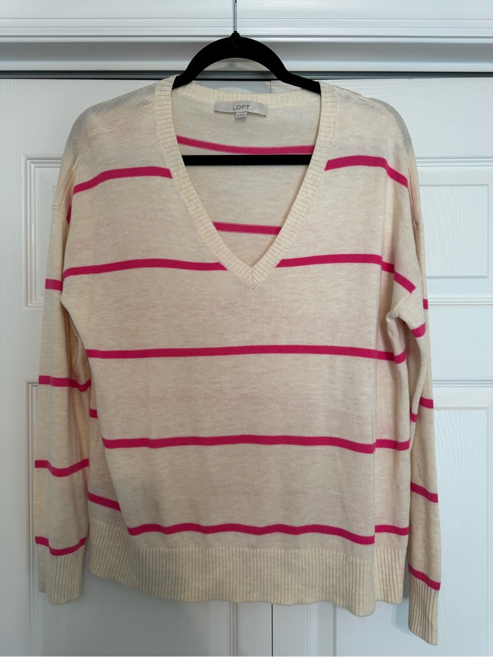 LOFT Cream V-Neck Sweater with Pink Stripes